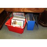 A RED CRATE AND TWO VINYL CASES CONTAINING A SELECTION OF 1970s/80s 12" RECORDS to include Queen,