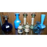 A SELECTION OF DECORATIVE DOMESTIC ITEMS to include blue glass vases, pair of painted pottery