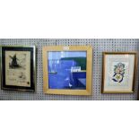 THREE DECORATIVE PICTURES to include naive school seascape in plain beech frame, a Victorian