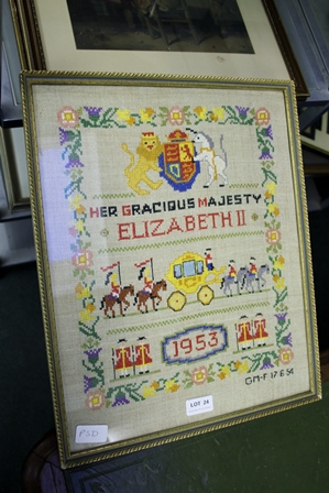 HAND-STITCHED COMMEMORATIVE SAMPLER FOR THE CORONATION OF QUEEN ELIZABETH II, together with two