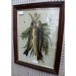 AN EDWARDIAN LITHOGRAPHIC TROMPE L'OEIL depicting three hanging trout, glazed in chip carved oak