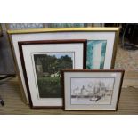 THREE DECORATIVE PICTURES one being an original watercolour by Don Austen depicting a harbour side