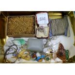 A TIN CONTAINING A SELECTION OF COSTUME JEWELLERY some silver examples, together with a selection of