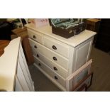 A MODERN CRAQULEUR FINISHED CHEST OF DRAWERS having two inline and three further full width