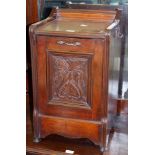 EDWARDIAN MAHOGANY COLOURED PERDONIUM, with carved panelled fall down front revealing metal liner