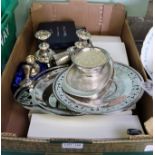 A BOX OF DOMESTIC METAL WEARS the majority silver plated for the table top