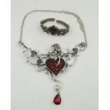 AN "ALCHEMY" CAST PEWTER ROCOCO HEART BRACELET, set with red heart and cast rose NECKLACE "The Blood