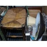 SMALL STRUNG TOP FOOTSTOOL ON TURNED WOOD FRAME together with a box full of domestic items to