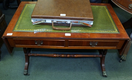 REPRODUCTION YEW WOOD COFFEE TABLE SIZED SOFA TABLE , with twin flap top, having two inline