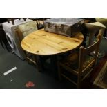 A MODERN PINE KITCHENETTE SUITE comprising circular topped table with green painted four legged base