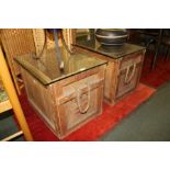 A PAIR OF "ON TREND" UPCYCLED COFFEE TABLES WITH RECTANGULAR PLATE GLASS TOPS the base is formed out