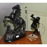 A LARGE CAST METAL MARLEY HORSE on oval plinth base, together with a black finished Art Deco