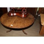 A 19TH CENTURY OAK CIRCULAR TOPPED TABLE cut down on a single pedestal with three outswept legs