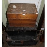 THREE USEFUL VINTAGE STORAGE TRUNKS, one metal & two wooden