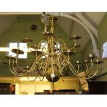 A LARGE MODERN BRASS FINISHED, DUTCH DESGIN HANGING MULTI SCONCE CHANDELIER in two levels with