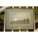 E. SHARLAND "Farm and Rick Yard" landscape Watercolour painting, signed, 20cm x 34cm, gilt framed,