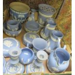 A BOX CONTAINING A LARGE SELECTION OF WEDGEWOOD POWDER BLUE JASPER WARE