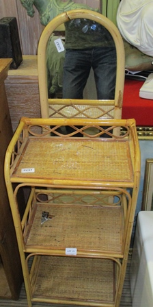 A BAMBOO THREE TIER SHELF UNIT also includes a bamboo framed robing mirror