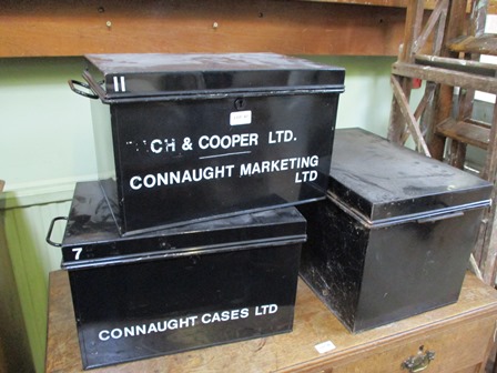 THREE BLACK FINISHED METAL DEED BOXES