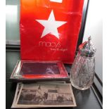 A BAG OF DOMESTIC COLLECTABLES to include; postcards, hallmarked silver photograph frame and a glass