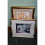 PAMELA DRONFIELD Watercolour floral study, mounted in gilt frame, together with a LIMITED EDITION