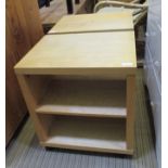 A PAIR OF MODERN BLONDE WOOD MOBILE LOW UNITS with single adjustable shelf