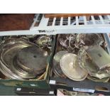 TWO BOXES HOUSING A WIDE VARIETY OF DOMESTIC SILVER PLATE to include; oval trays, place mats,