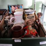 A BOX OF USEFUL DOMESTIC ITEMS, the majority being jugs
