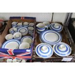 TWO BOXES CONTAINING AN EXTENSIVE SELECTION OF BLUE AND WHITE CORNISH POTTERY TEA AND DINNER WARES