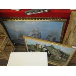 TWO LARGE PRINTS depicting Naval Battles, together with an oil on canvas of a Thatched Cottage