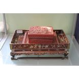 AN ORIENTAL RED LACQUER WORK LIDDED BOX AND STAND together with a fancy mother of pearl INLAY STAND