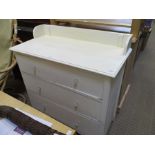 A GLOSS PAINTED THREE DRAWER CHEST with later bubble knop handles