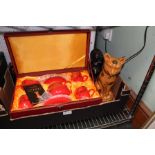 A BOX FULL OF COLLECTABLE ITEMS to include a spotted cat, 18th Century tea bowls etc.