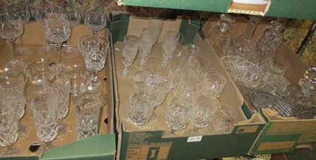 THREE BOXES CONTAINING A LARGE SELECTION OF DOMESTIC GLASSWARE to include DECANTERS and stoppers,