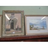 A PAIR OF WATERCOLOUR LANDSCAPES together with a study of a Continental Doorway, each glazed in