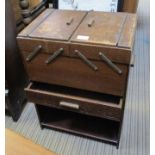 A CANTERLEVER WOODEN WORKBOX together with an Oriental painting