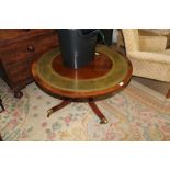 A GOOD QUALITY REPRODUCTION CIRCULAR TOPPED COFFEE TABLE with insert leather polo supported on a