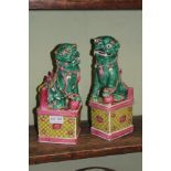 A PAIR OF PORCELAIN POLYCHROME ENAMEL DECORATED TEMPLE DOGS