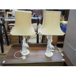 TWO WHITE GLAZED POTTERY BASED TABLE LAMPS in the form of a bird by a tree