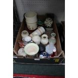 A BOX CONTAINING A SELECTION OF DOMESTIC POTTERY, PORCELAIN AND GLASSWARE to include; Moorcroft