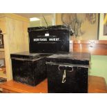 THREE BLACK PAINTED TIN DEED BOXES