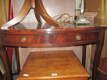 A GOOD QUALITY REPRODUCTION MAHOGANY SIDE TABLE BY BEVAN & FUNNEL having bow front & 2 inline