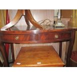 A GOOD QUALITY REPRODUCTION MAHOGANY SIDE TABLE BY BEVAN & FUNNEL having bow front & 2 inline