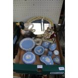 A BOX CONTAINING A SELECTION OF WEDGEWOOD POWDER BLUE JASPER WARE, A PAIR OF OVAL WALL MIRRORS ETC.