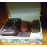 A SEWING BOX CONTAINING A SELECTION OF DOMESTIC COLLECTABLES to include Gentleman's dress