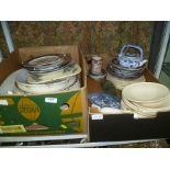 TWO BOXES OF DOMESTIC POTTERY to include oval serving platters, part dinner service, etc