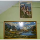 TWO GLAZED AND FRAMED TAPESTRY WOOL WORKS OF CONTINENTAL VIEWS