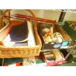 A LARGE DECORATIVE WOVEN WICKER BASKET CONTAINING ARTISTS PADS together with A BOX OF DOMESTIC ITEMS