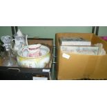 TWO BOXES CONTAINING A SELECTION OF DOMESTIC POTTERY AND GLASSWARE and a selection of crochet and
