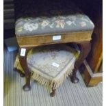 TWO WOODEN FRAMED WOOL WORK PAD TOP STOOLS